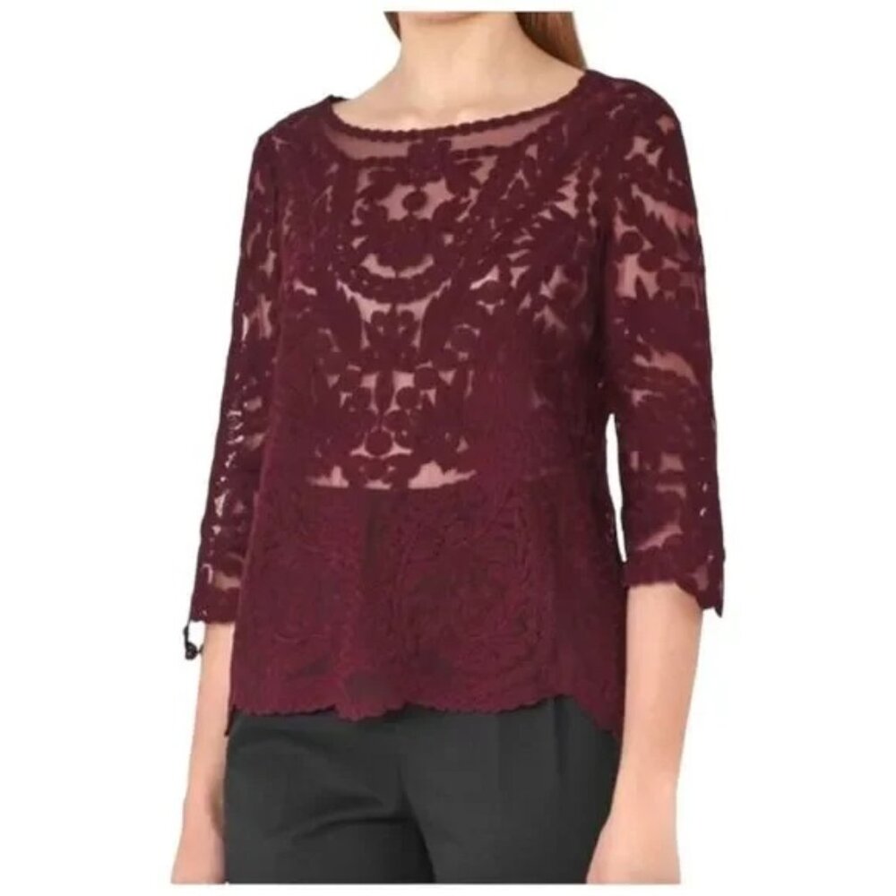 Reiss Alden Dark Red Lace Sheer Blouse